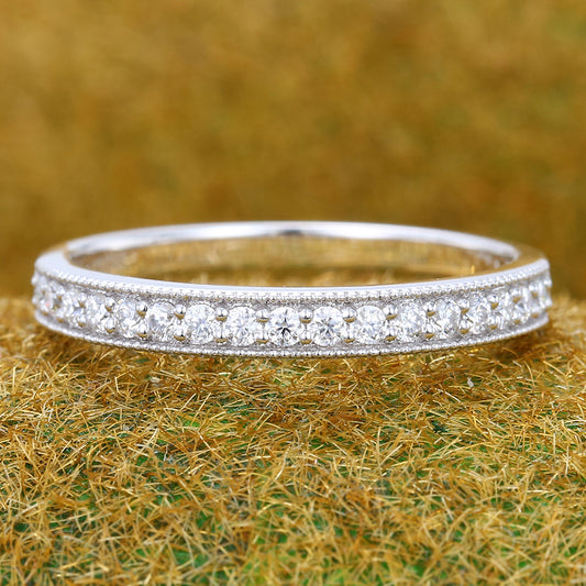 Beaded Pavé Round Moissanite Wedding Band Half Eternity Ring