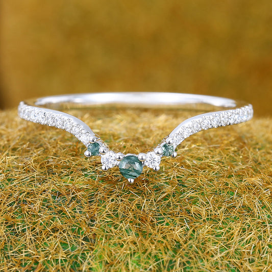 Moss Agate Curved Wedding Band Half Eternity Bridal Stacking Ring