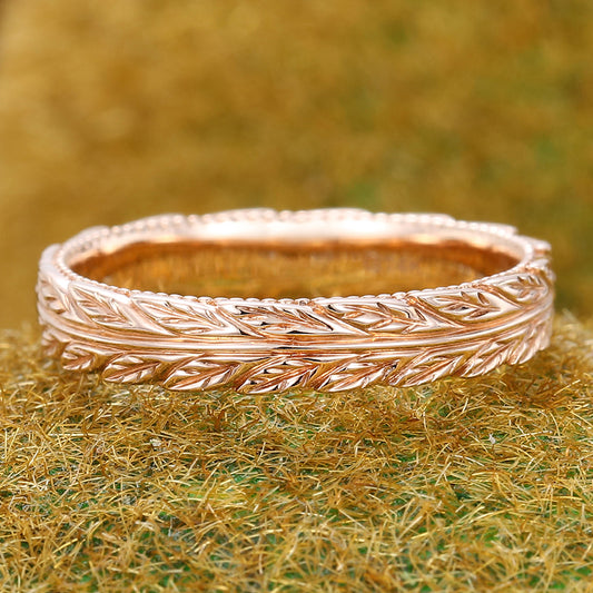 Nature Inspired Solid Wedding Band Leaf Eternity Ring