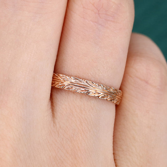Nature Inspired Solid Wedding Band Leaf Eternity Ring