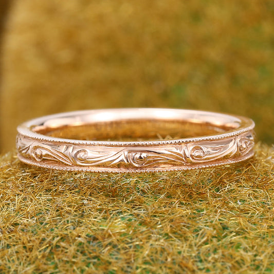 Solid Wedding Band Vintage Engraved Ring