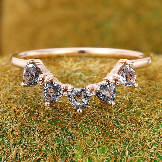Trillion Black Rutilated Quartz Curved Wedding Band Anniversary Stackable Bridal Ring