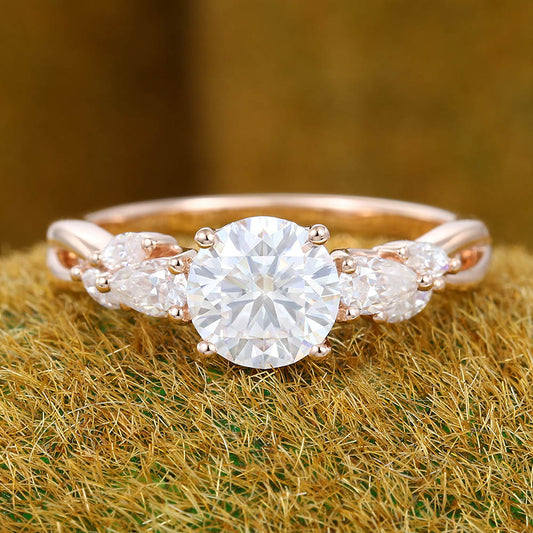 Twisted Design 1CT Round Cut Moissanite Engagement Ring with Pear & Marquise Cluster Accents