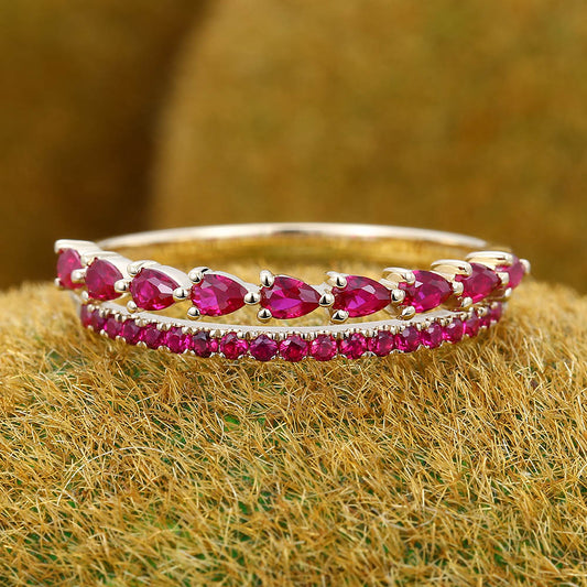 Two-Row Half Eternity Pear & Round Ruby Wedding Band