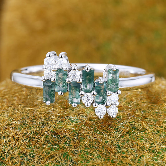 Unique Baguette Moss Agate & Round Moissanite Cluster Engagement Ring
