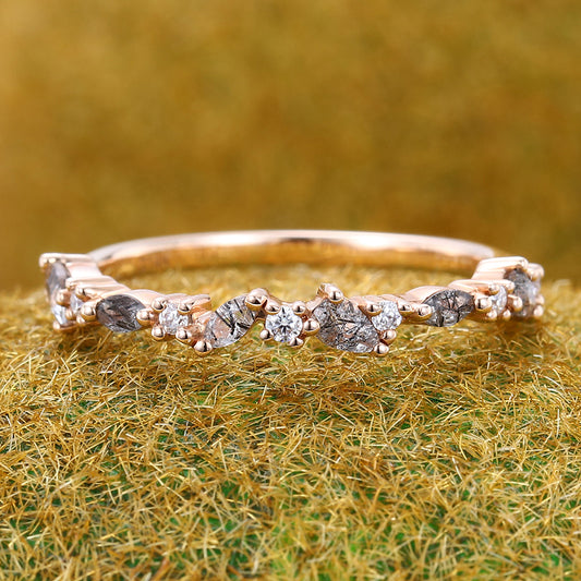 Black Rutilated Quartz Wedding Band Half Eternity Matching Ring