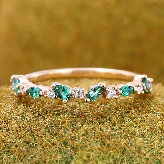 Emerald Wedding Band Half Eternity Matching Ring