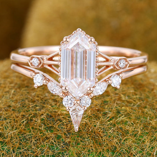 Long Hexagon Cut Moissanite Engagement Ring Set Gothic Bridal Ring Set