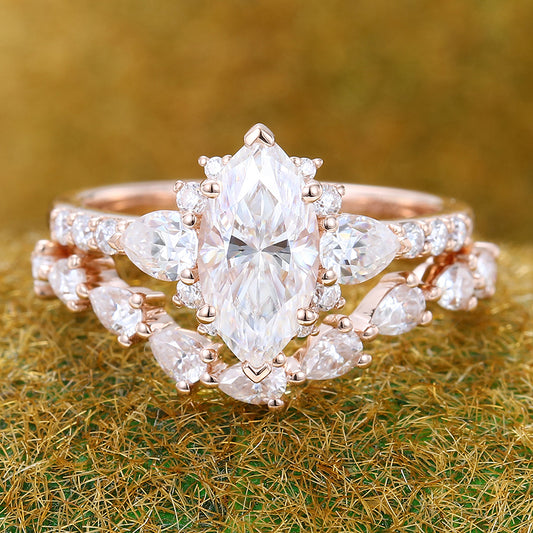 Unique Marquise Cut Moissanite Engagement Ring Set 2PCS Bridal Ring Set