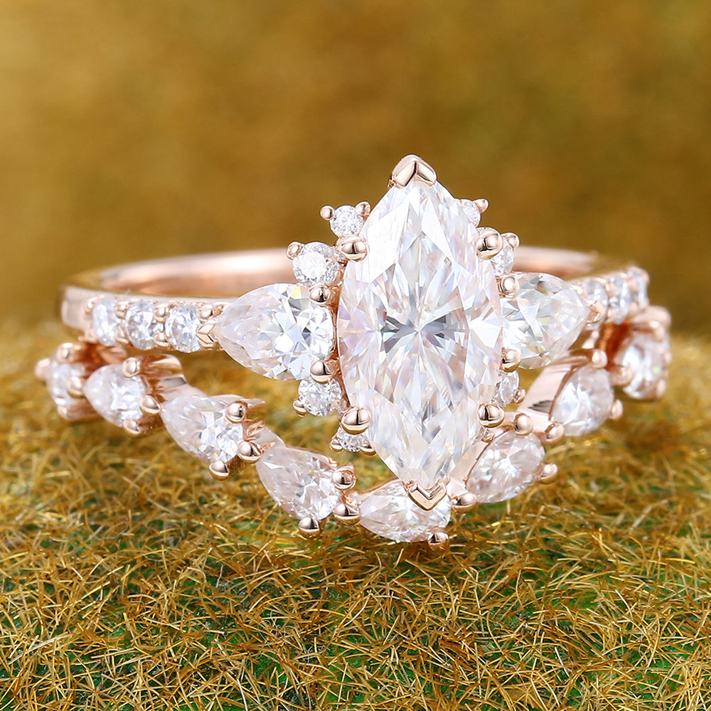 Unique Marquise Cut Moissanite Engagement Ring Set 2PCS Bridal Ring Set