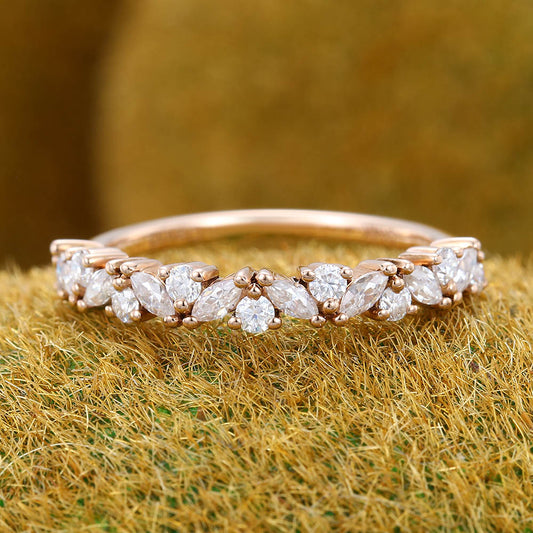 Unique Marquise cut moissanite wedding band Vintage diamond Rose gold wedding band Half eternity Wedding band Bridal Matching Stackable band