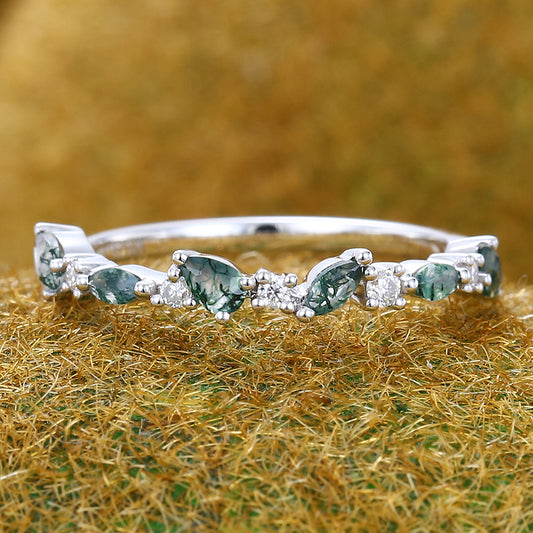 Unique Moss Agate Wedding Band Half Eternity Bridal Matching Stackable Ring