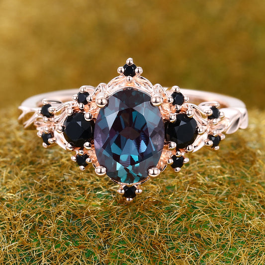 Vintage Oval Cut Alexandrite Engagement Ring with Black Onyx Accents