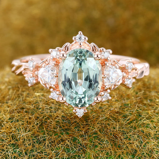 Vintage Oval Cut Green Sapphire Engagement Ring