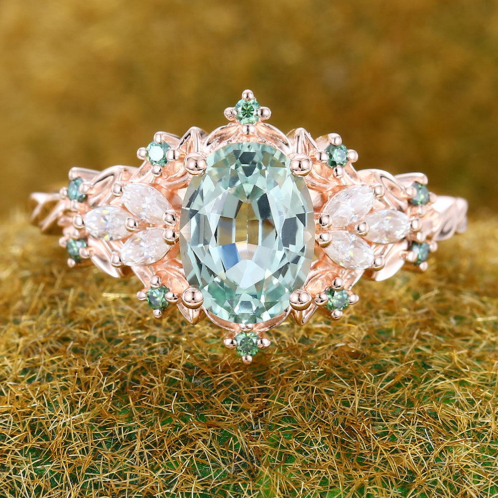 Delicate Oval Cut Green Sapphire Engagement Ring Nature-Inspired Cluster