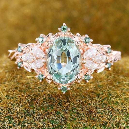 Delicate Oval Cut Green Sapphire Engagement Ring Nature-Inspired Cluster