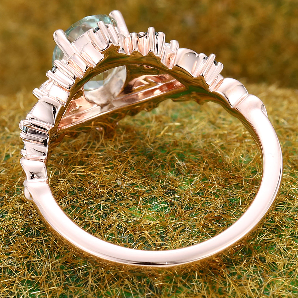 Delicate Oval Cut Green Sapphire Engagement Ring Nature-Inspired Cluster