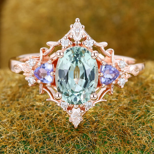 Unique Oval Green Sapphire Engagement Ring With Moissanite & Tanzanite