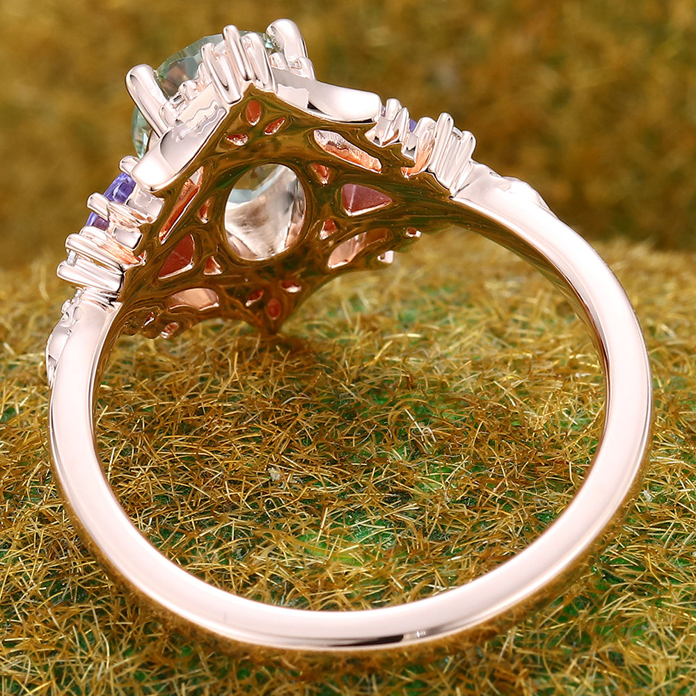 Unique Oval Green Sapphire Engagement Ring With Moissanite & Tanzanite