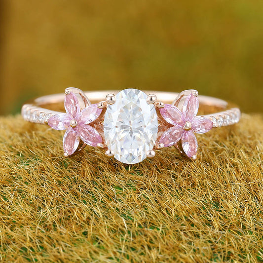 Unique Oval Moissanite engagement ring Vintage Rose gold engagement ring Marquise Pink Sapphire ring Cluster Flower Promise Anniversary ring