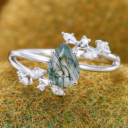 Pear Shape Moss Agate Engagement Ring Nature Inspired Bypass Design