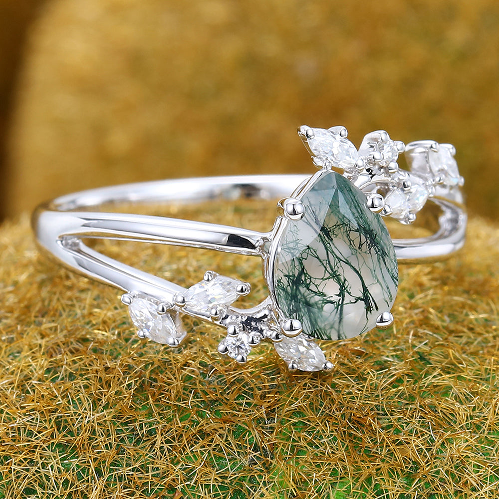 Pear Shape Moss Agate Engagement Ring Nature Inspired Bypass Design