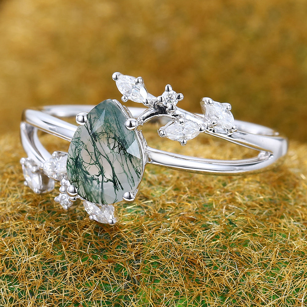 Pear Shape Moss Agate Engagement Ring Nature Inspired Bypass Design