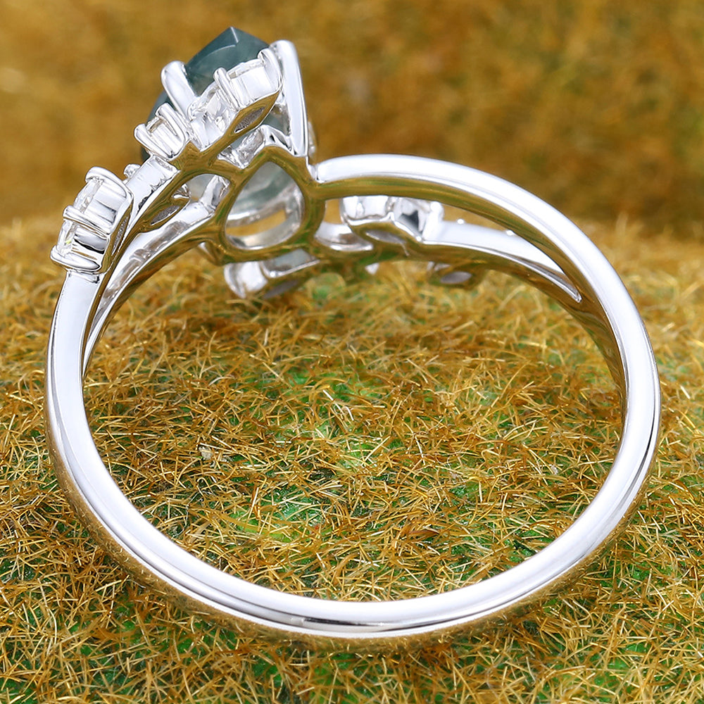 Pear Shape Moss Agate Engagement Ring Nature Inspired Bypass Design