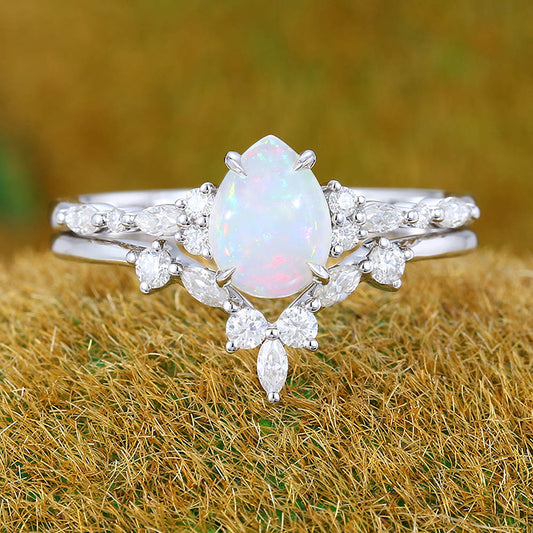 Unique Pear shaped Opal engagement ring set vintage white gold bridal ring Marquise cut Diamond ring Wedding Promise Anniversary ring set