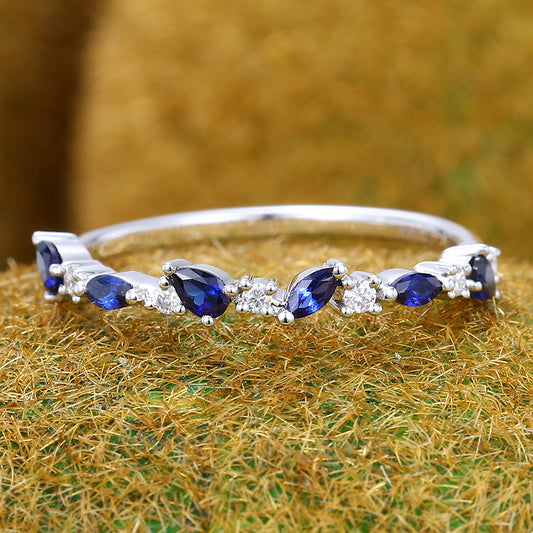 Unique Sapphire Wedding Band Half Eternity Bridal Matching Stackable Ring