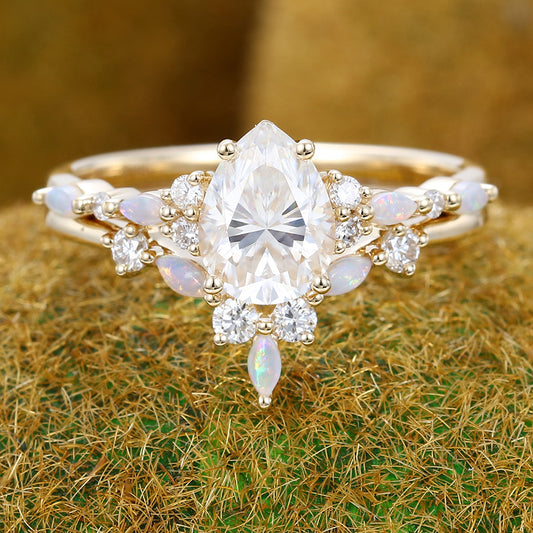 Vintage 1CT Pear Shaped Moissanite Engagement Ring Set with Opal & Diamond Cluster