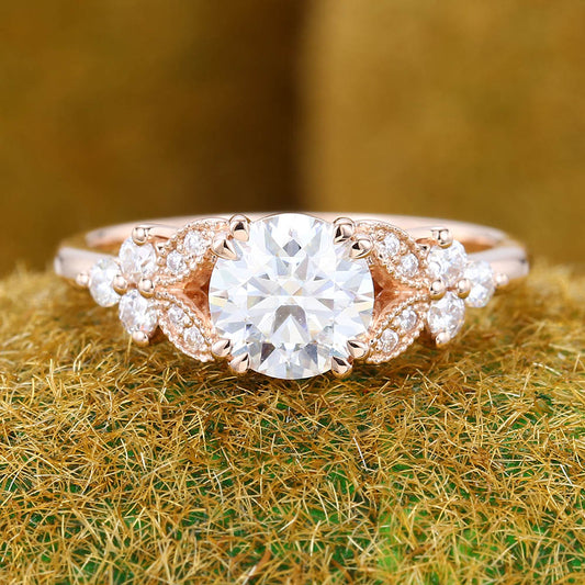 Vintage 1CT Round Cut Moissanite Cluster Engagement Ring with Milgrain Detailing