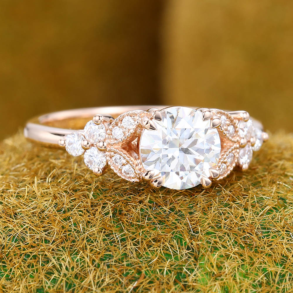 Vintage 1CT Round Cut Moissanite Cluster Engagement Ring with Milgrain Detailing
