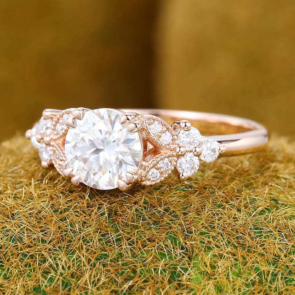 Vintage 1CT Round Cut Moissanite Cluster Engagement Ring with Milgrain Detailing