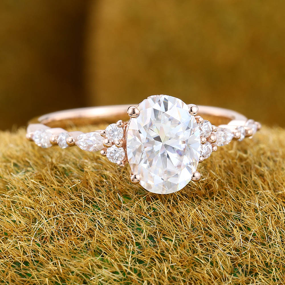 Vintage 2CT Oval Moissanite ring Unique rose gold engagement ring Diamond Hidden Halo ring Art deco Bridal Promise Anniversary ring