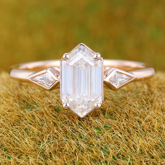 1CT Long Hexagon Moissanite Engagement Ring with Kite Accents
