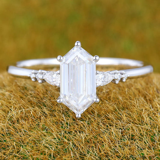 Vintage Elongated Hexagon Moissanite engagement ring Unique white gold engagement ring Pear shaped ring Wedding Promise Anniversary gift
