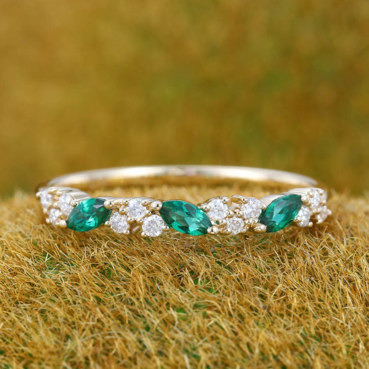 Vintage Emerald wedding band Yellow gold wedding band Unique Marquise cut Diamond Half eternity wedding band Bridal Matching Stackable band