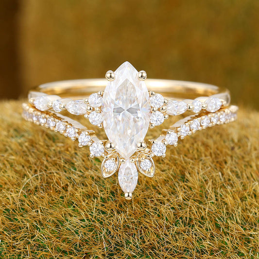 Vintage Marquise Moissanite engagement ring set Unique yellow gold engagement ring Antique Diamond ring Wedding Promise Anniversary ring