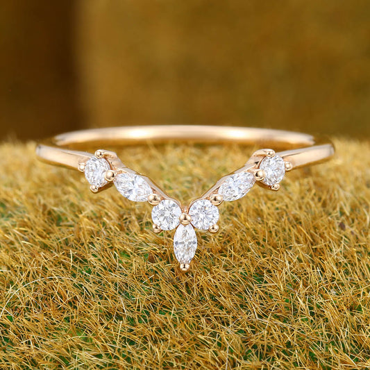 Vintage Marquise Moissanite wedding band Unique rose gold Curved wedding band Diamond wedding band Bridal Matching Stacking promise band
