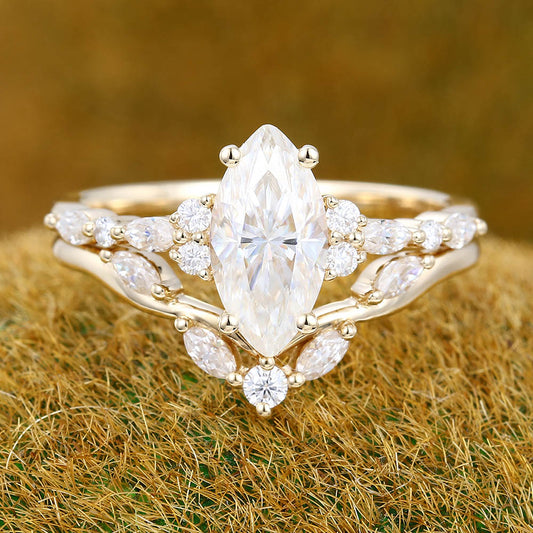 Vintage Marquise cut Moissanite engagement ring Yellow gold engagement ring set Diamond Curved ring Art deco Promise Anniversary ring set