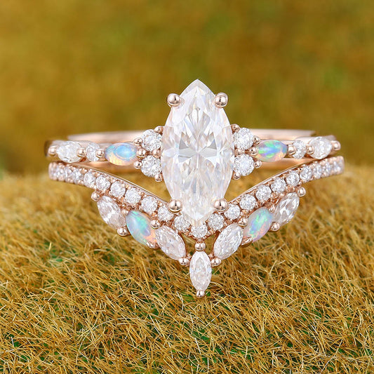Vintage 1CT Marquise Moissanite Engagement Ring Set with Opal & Diamond Accents