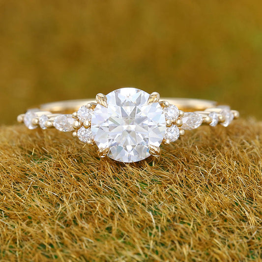 Unique Leaf Prongs Design 1CT Round Cut Moissanite Cluster Engagement Ring