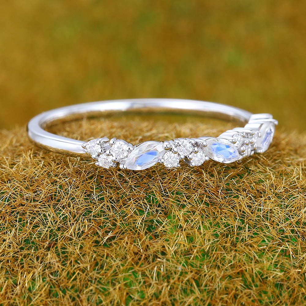 Vintage Moonstone wedding band Unique white gold wedding band Marquise cut Diamond Half eternity wedding band Bridal Matching Stackable band