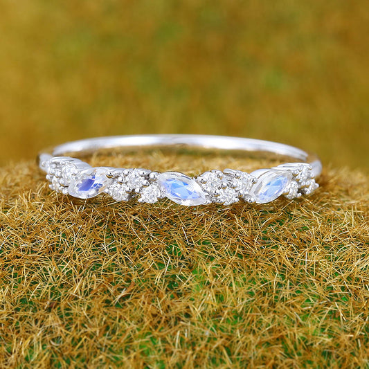 Vintage Moonstone wedding band Unique white gold wedding band Marquise cut Diamond Half eternity wedding band Bridal Matching Stackable band