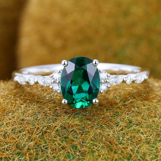 Vintage Oval Cut Emerald Engagement Ring with Moissanite Accents