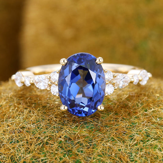 Vintage Oval Cut Cornflower Sapphire Engagement Ring with Cluster Accents