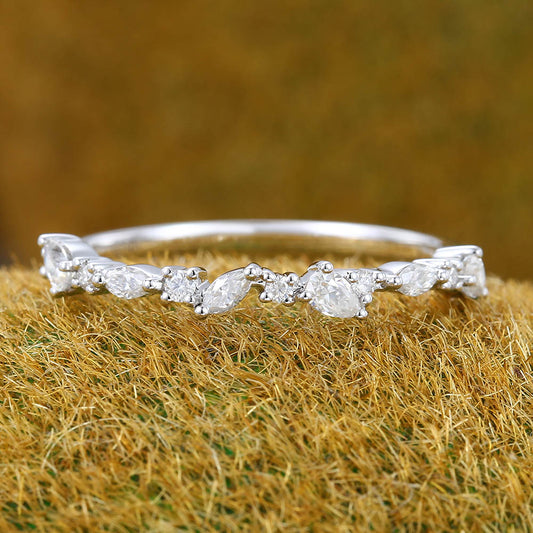 Vintage Pear Moissanite wedding band Unique white gold wedding band women Half eternity Marquise wedding band Bridal Matching Stackable band