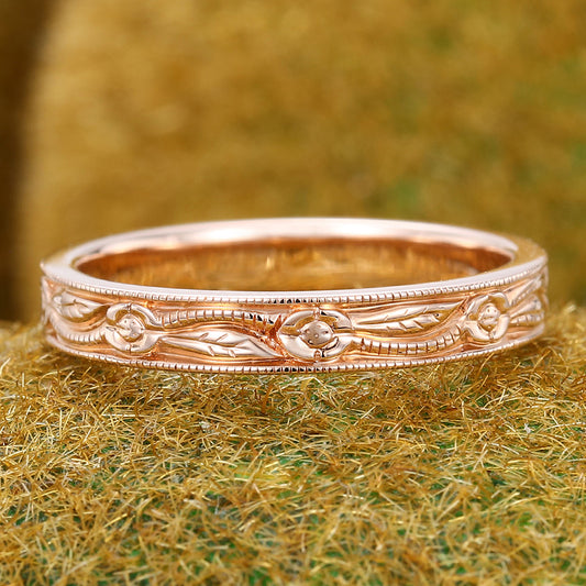 Vintage Solid Wedding Band Nature Inspired Engraved Ring