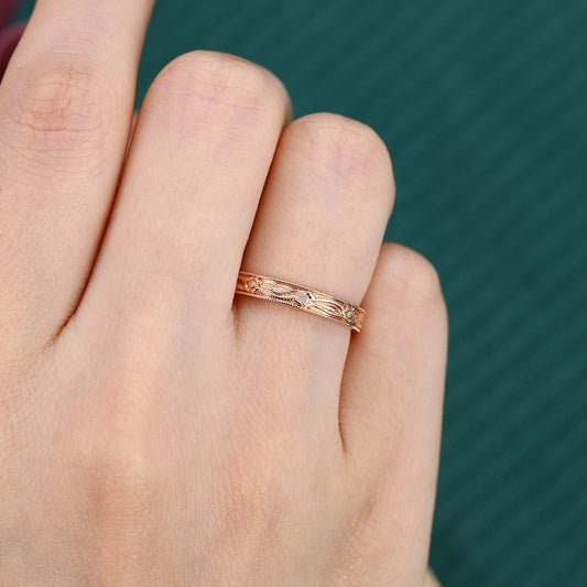 Vintage Solid Wedding Band Nature Inspired Engraved Ring
